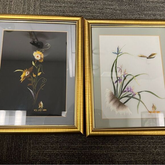 CQ Vietnam Silk Hand embroidered framed floral bird art in frame. Set of two. - Picture 1 of 11